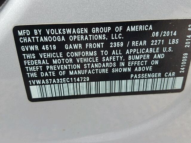 1VWAS7A32EC114729 - 2014 VOLKSWAGEN PASSAT S ვერცხლისფერი ფოტო 10