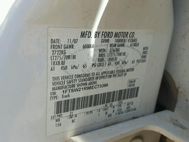 1FTSW21R98EC73386 - 2008 FORD F250 SUPER WHITE photo 10