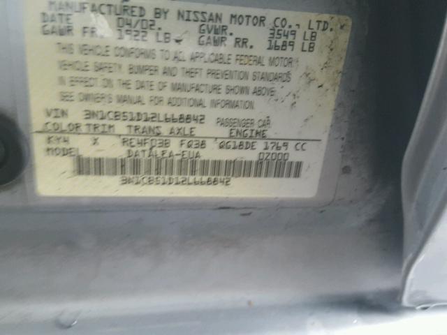 3N1CB51D12L668842 - 2002 NISSAN SENTRA XE SILVER photo 10