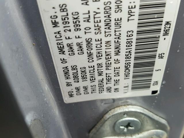 1HGCM56185A168163 - 2005 HONDA ACCORD DX GRAY photo 10