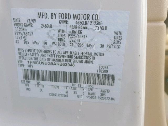 1FMCU9EG9AKB62948 - 2010 FORD ESCAPE LIM WHITE photo 10