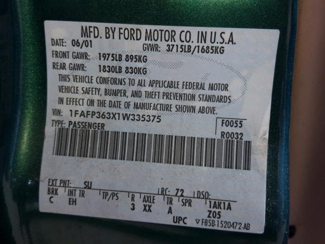 1FAFP363X1W335375 - 2001 FORD FOCUS SE GREEN photo 10