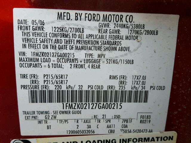 1FMZK02127GA00215 - 2007 FORD FREESTYLE RED photo 10