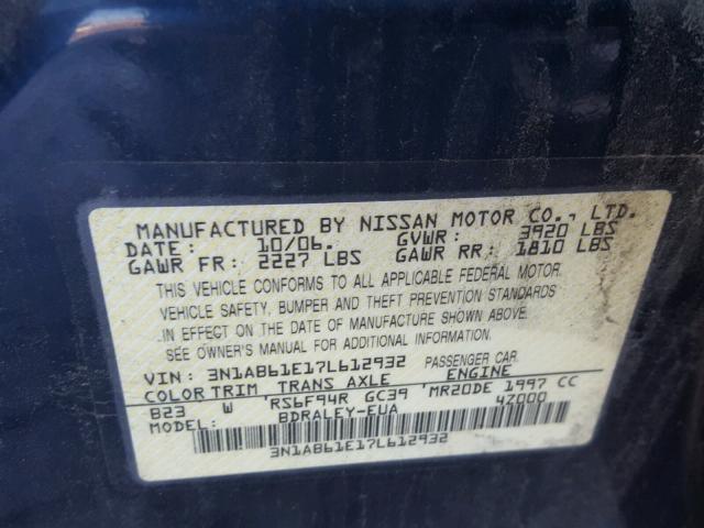 3N1AB61E17L612932 - 2007 NISSAN SENTRA 2.0 BLUE photo 10