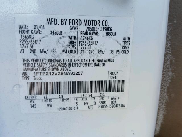 1FTPX12VX6NA93257 - 2006 FORD F150 WHITE photo 10