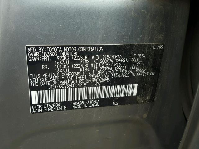 JTEGD20V850064915 - 2005 TOYOTA RAV4 GRAY photo 10