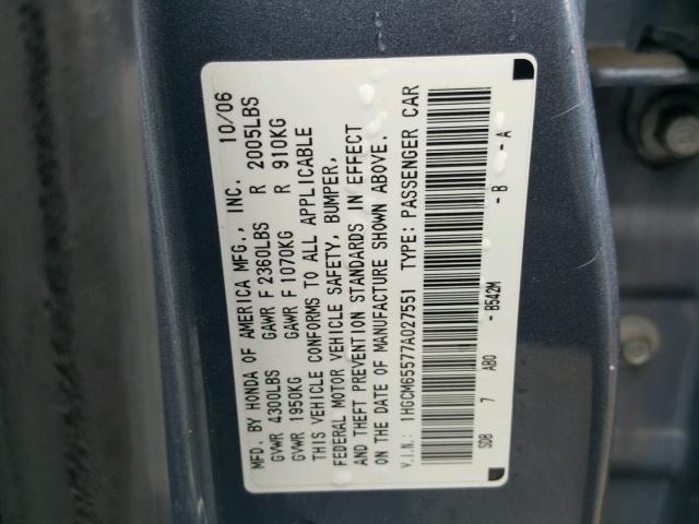 1HGCM65577A027551 - 2007 HONDA ACCORD EX BLUE photo 10