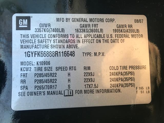 1GYFK66888R116648 - 2008 CADILLAC ESCALADE E BLACK photo 10