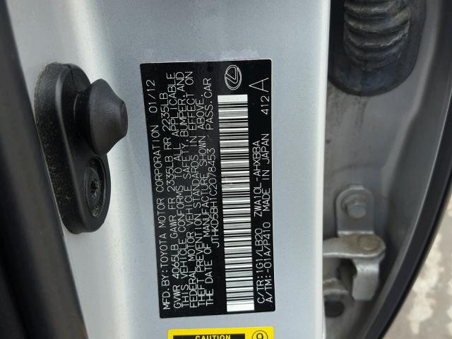 JTHKD5BH1C2078453 - 2012 LEXUS CT 200 SILVER photo 10