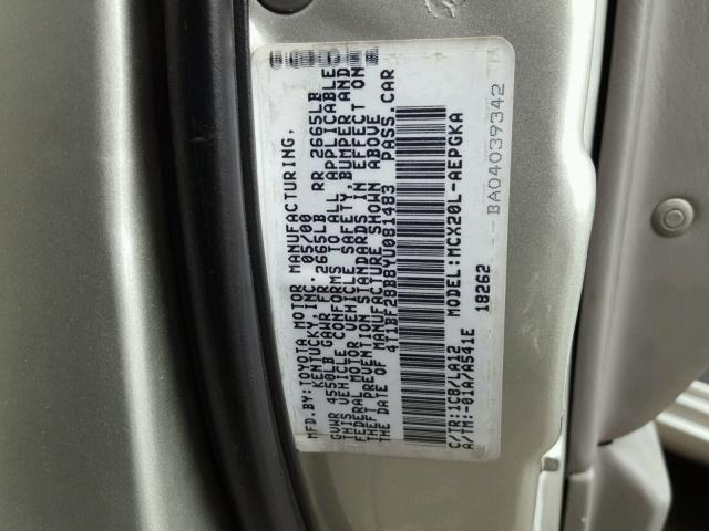 4T1BF28B8YU081483 - 2000 TOYOTA AVALON XL SILVER photo 10