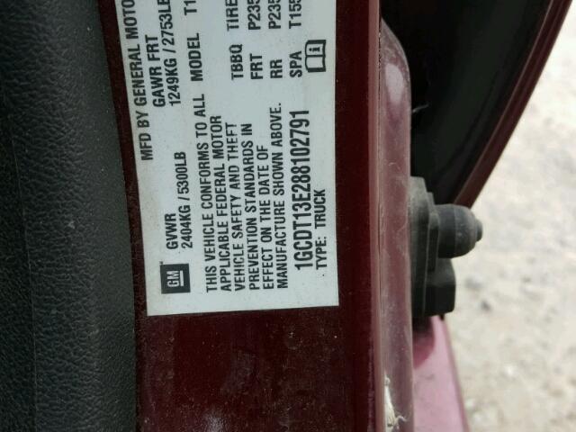 1GCDT13E288102791 - 2008 CHEVROLET COLORADO BURGUNDY photo 10