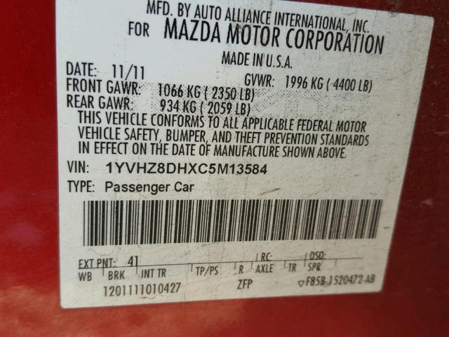 1YVHZ8DHXC5M13584 - 2012 MAZDA 6 I RED photo 10