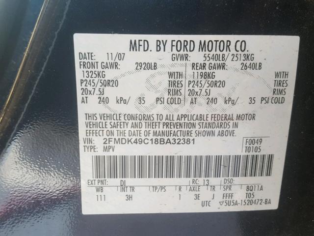 2FMDK49C18BA32381 - 2008 FORD EDGE LIMIT BLACK photo 10