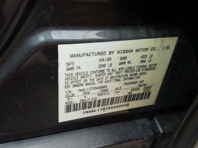 1N4AL11D75N489998 - 2005 NISSAN ALTIMA S GRAY photo 10