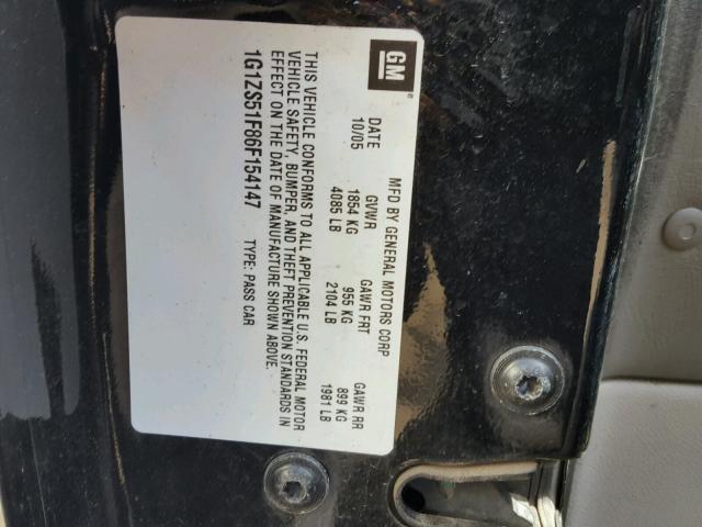 1G1ZS51F86F154147 - 2006 CHEVROLET MALIBU LS 黑色 照片 10