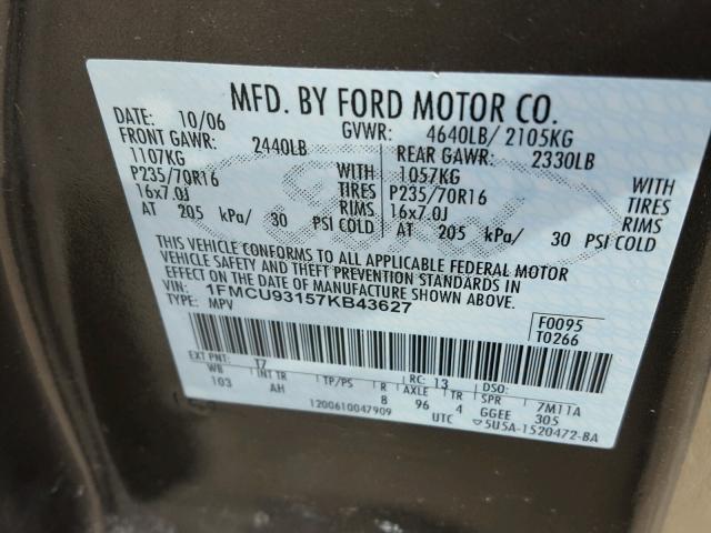 1FMCU93157KB43627 - 2007 FORD ESCAPE XLT GRAY photo 10