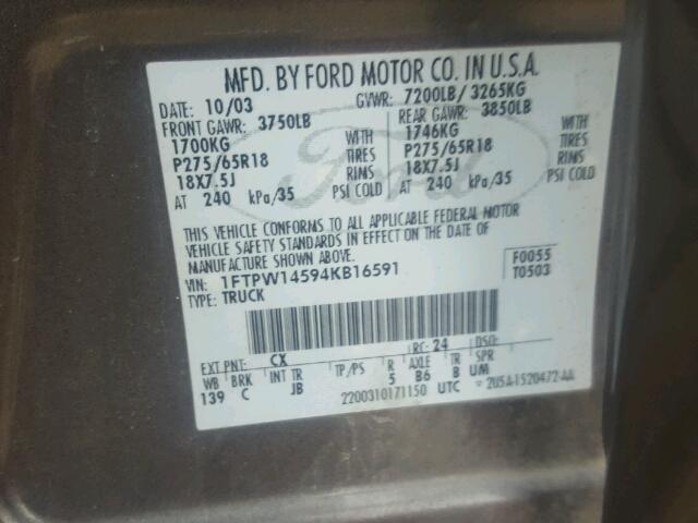 1FTPW14594KB16591 - 2004 FORD F150 SUPER GRAY photo 10