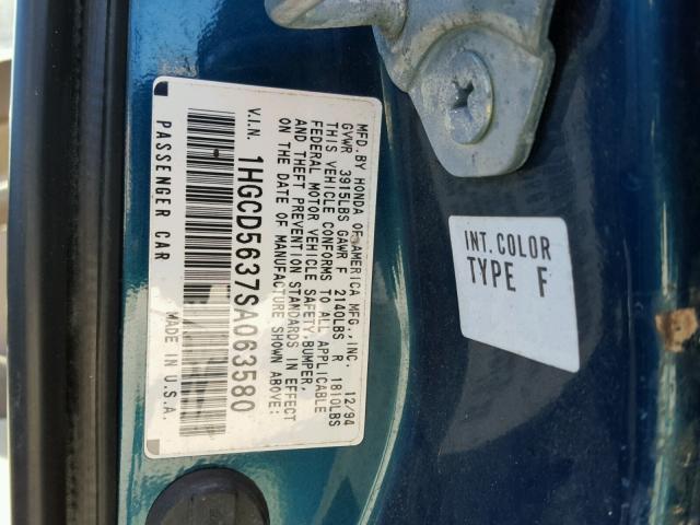 1HGCD5637SA063580 - 1995 HONDA ACCORD LX GREEN photo 10