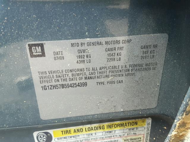 1G1ZH57B594254399 - 2009 CHEVROLET MALIBU 1LT GREEN photo 10