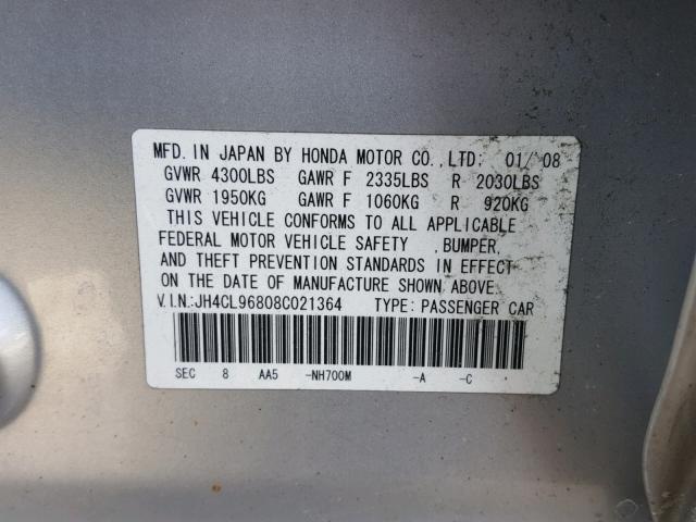 JH4CL96808C021364 - 2008 ACURA TSX SILVER photo 10