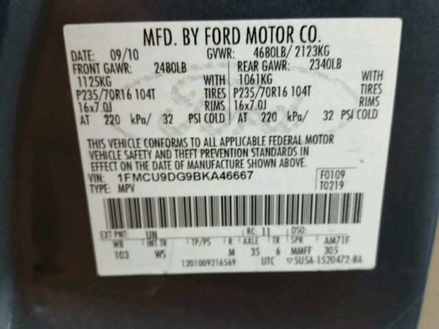 1FMCU9DG9BKA46667 - 2011 FORD ESCAPE XLT BLUE photo 10