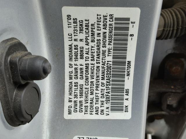 19XFA1F5XAE020071 - 2010 HONDA CIVIC LX SILVER photo 10