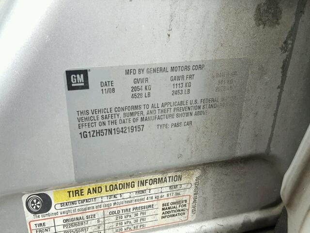 1G1ZH57N194219157 - 2009 CHEVROLET MALIBU 1LT 银色 照片 10