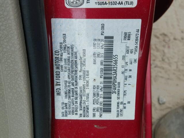 3FAHP0HA3AR356655 - 2010 FORD FUSION SE RED photo 10