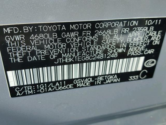 JTHBK1EG8C2481248 - 2012 LEXUS ES 350 SILVER photo 10