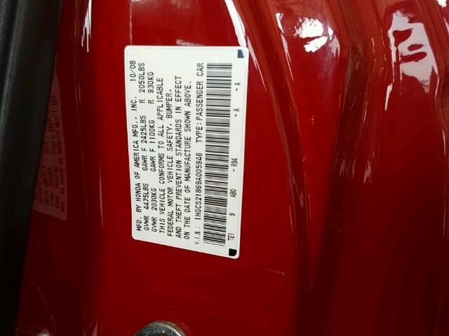 1HGCS21869A005946 - 2009 HONDA ACCORD EXL RED photo 10