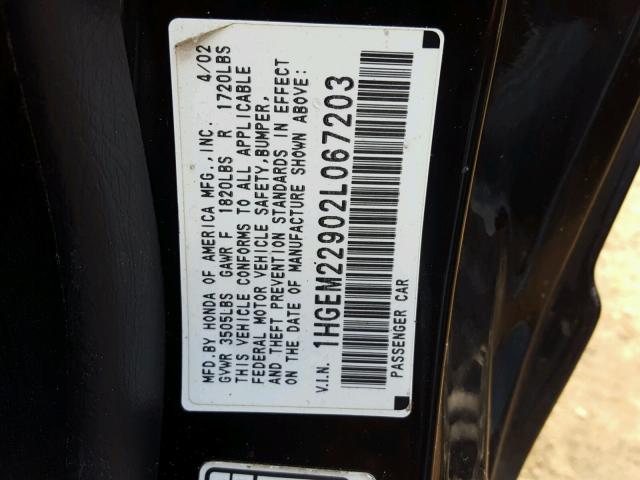 1HGEM22902L067203 - 2002 HONDA CIVIC EX BLACK photo 10