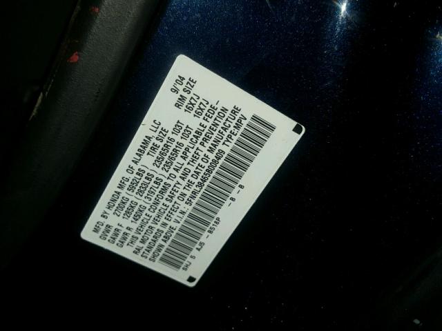 5FNRL38465B008409 - 2005 HONDA ODYSSEY EX BLUE photo 10