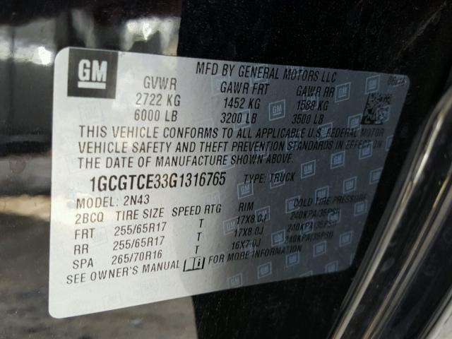 1GCGTCE33G1316765 - 2016 CHEVROLET COLORADO L BLACK photo 10