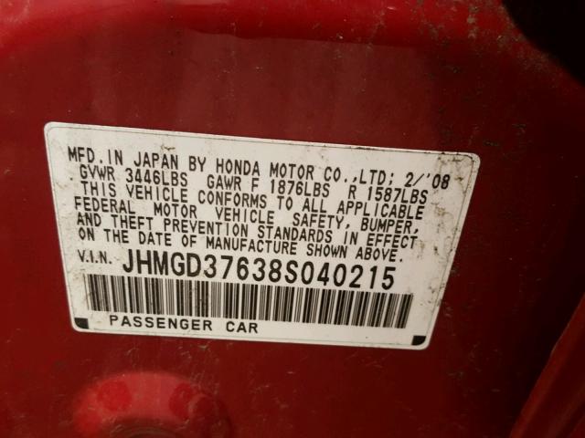 JHMGD37638S040215 - 2008 HONDA FIT SPORT RED photo 10