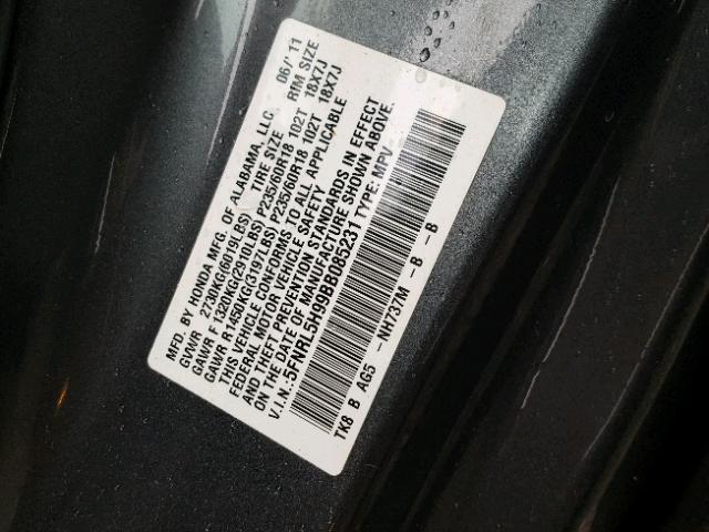 5FNRL5H99BB085231 - 2011 HONDA ODYSSEY TO GRAY photo 10