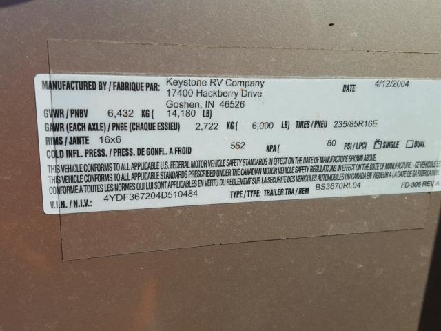 4YDF367204D510484 - 2004 KEYSTONE MONTANA WHITE photo 10