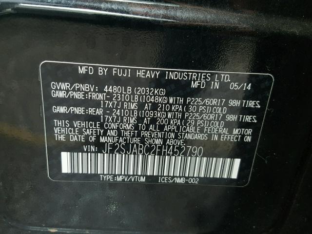 JF2SJABC2FH452790 - 2015 SUBARU FORESTER 2 BLACK photo 10