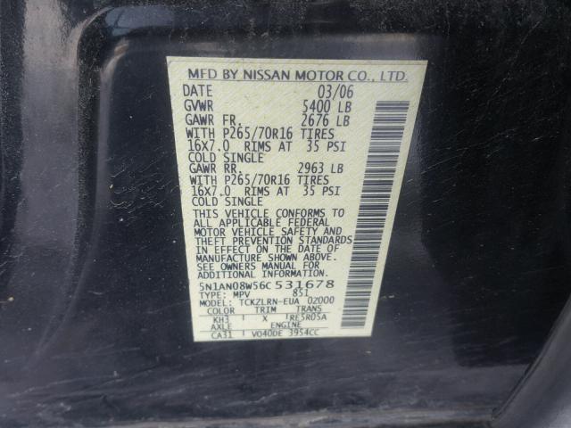 5N1AN08W56C531678 - 2006 NISSAN XTERRA OFF BLACK photo 10