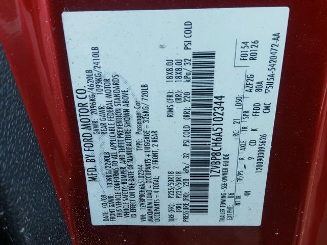 1ZVBP8CH6A5102344 - 2010 FORD MUSTANG GT RED photo 10