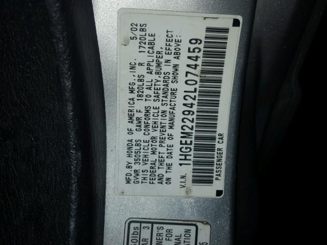 1HGEM22942L074459 - 2002 HONDA CIVIC EX Gümüş foto 10