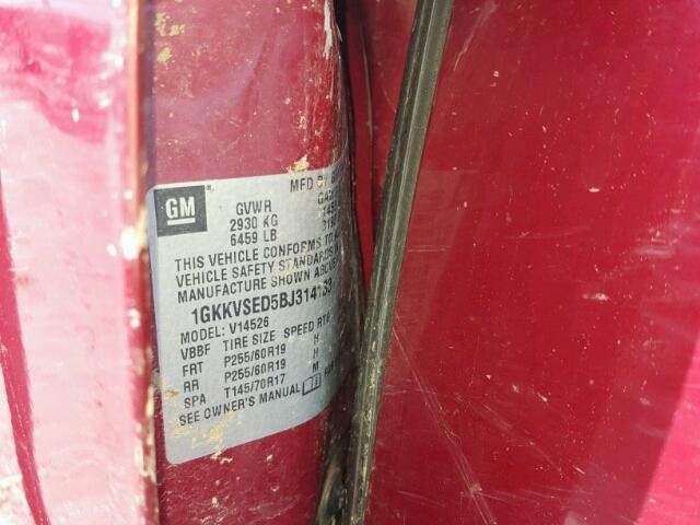 1GKKVSED5BJ314133 - 2011 GMC ACADIA SLT მუქწითელი ფოტო 10