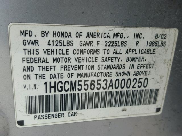 1HGCM55653A000250 - 2003 HONDA ACCORD EX SILVER photo 10