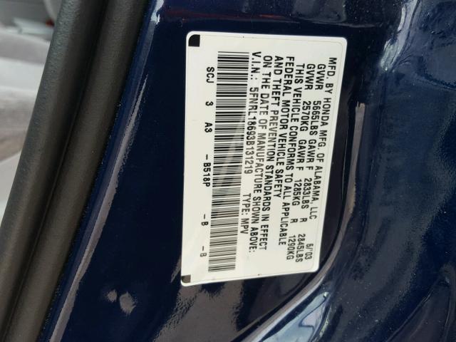 5FNRL18693B131219 - 2003 HONDA ODYSSEY EX BLUE photo 10