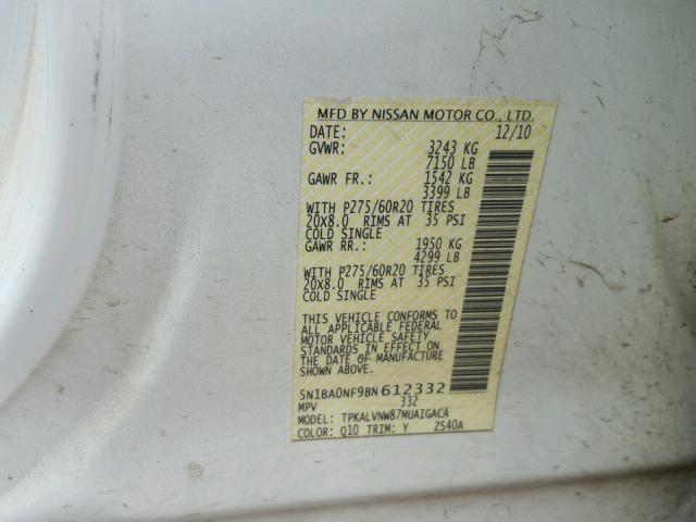 5N1BA0NF9BN612332 - 2011 NISSAN ARMADA PLA WHITE photo 10