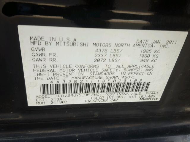 4A32B2FF1BE020108 - 2011 MITSUBISHI GALANT FE BLACK photo 10