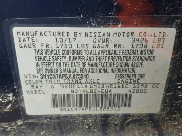 3N1CN7AP5JL828510 - 2018 NISSAN VERSA S BLUE photo 10