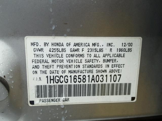 1HGCG16581A031107 - 2001 HONDA ACCORD EX SILVER photo 10