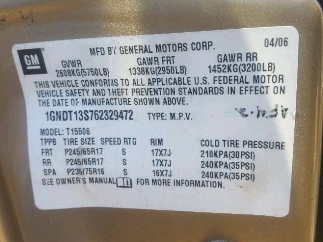 1GNDT13S762329472 - 2006 CHEVROLET TRAILBLAZE GOLD photo 10