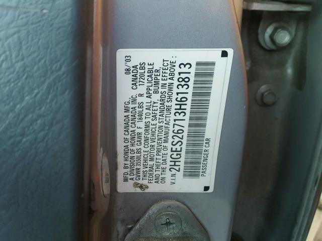 2HGES26713H613813 - 2003 HONDA CIVIC EX ვერცხლისფერი ფოტო 10