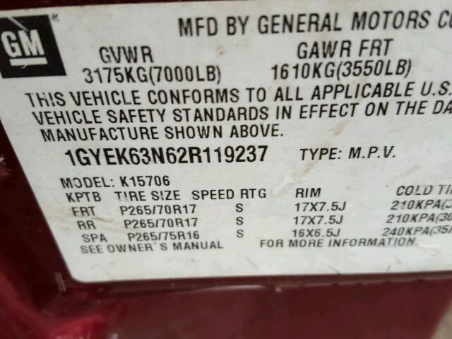 1GYEK63N62R119237 - 2002 CADILLAC ESCALADE L BURGUNDY photo 10